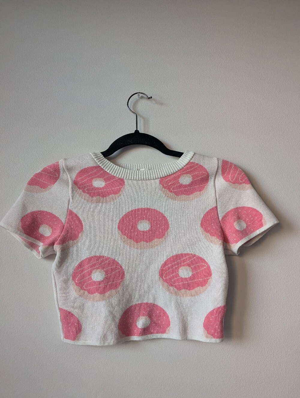 Pink Donut White Knit Crop Top Donut Print Debut